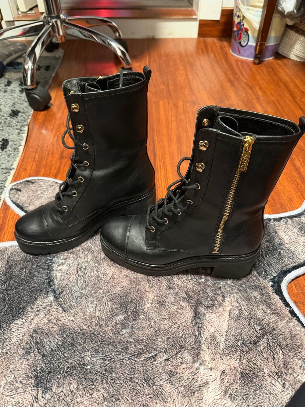 KORS Michael Kors Black Lace-Up Combat Boots with Gold Zip